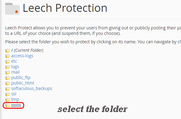 cPanel Leech Protection Folder Selection