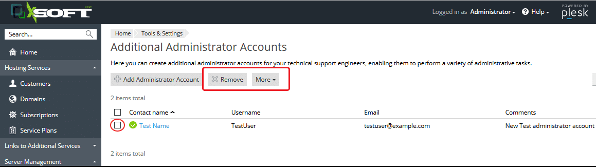 Plesk Tools & settings Actions on Additional Administrator Accounts